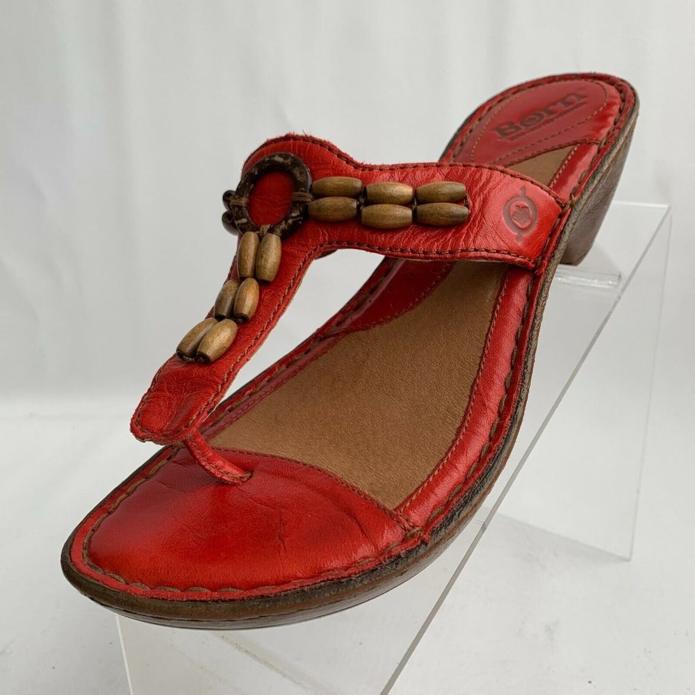 Born Sandals Orange Leather Brown Bead Thong Open Toe Slide Wedge Heel Size 7